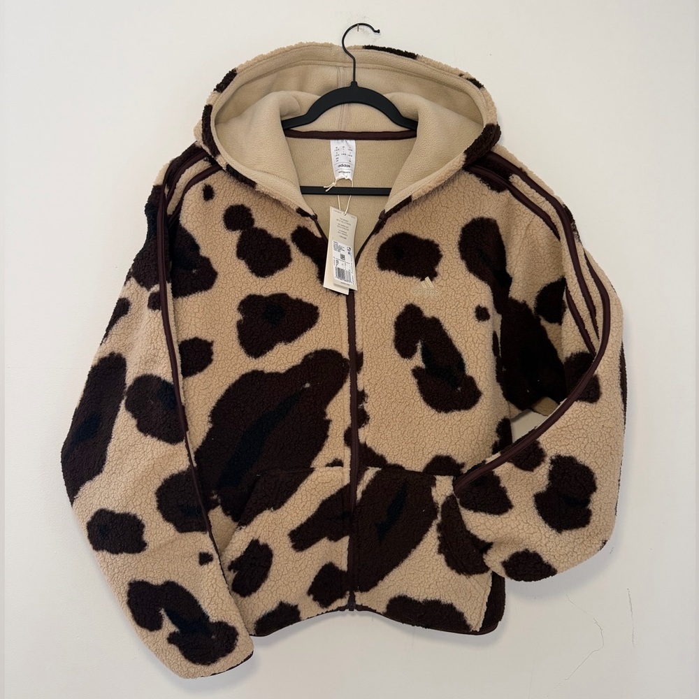 ADIDAS Cream and Brown cow print Fleece hooded Jacket L